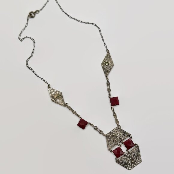 Art Deco Necklace, Silver, Red, Ornate, Faceted, 20s, 30s, Vintage - Picture 6 of 7